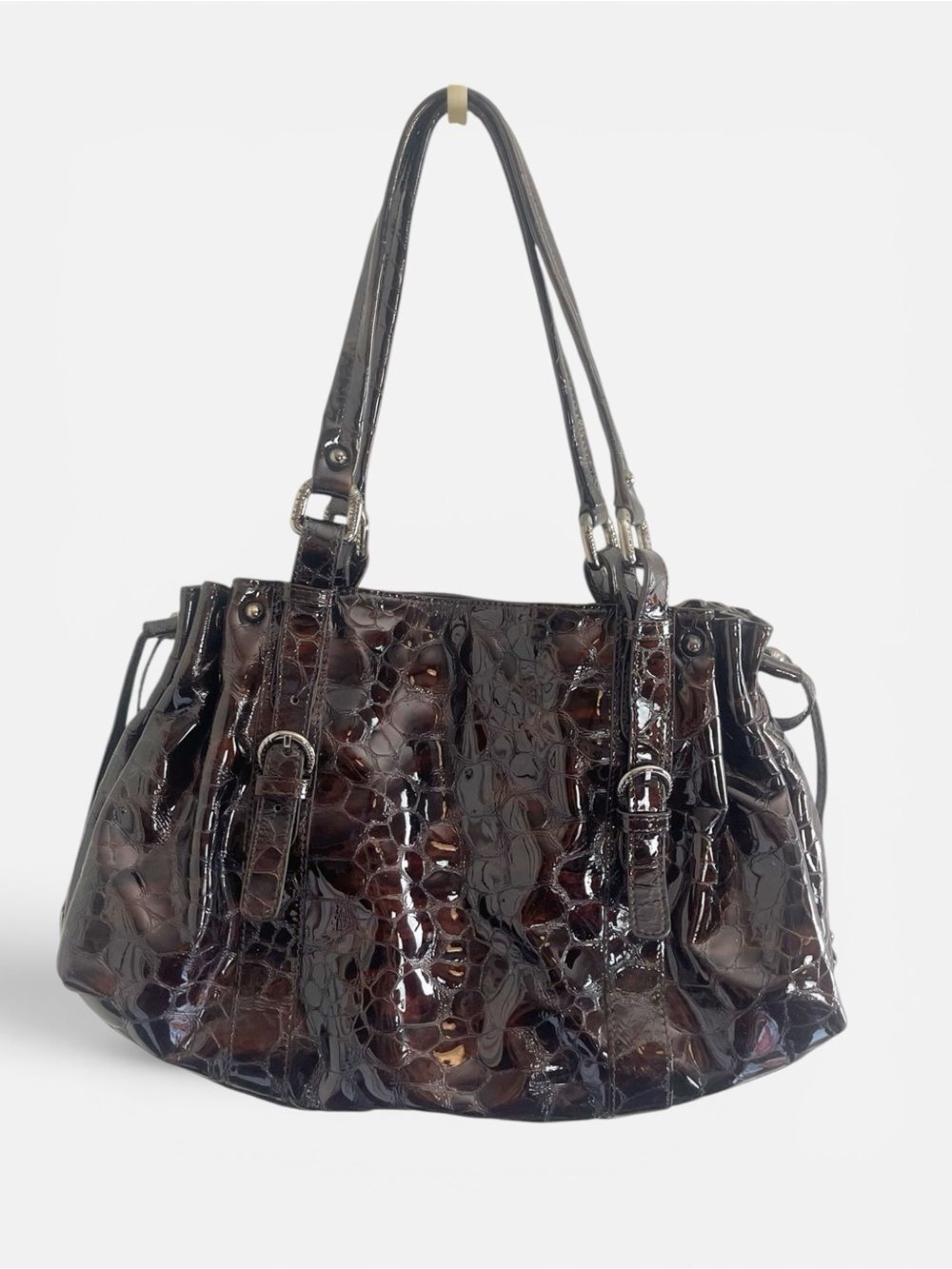 STUART WEITZMAN Vintage Croc-Embossed Patent Leather Shoulder Bag 
Dark Brown